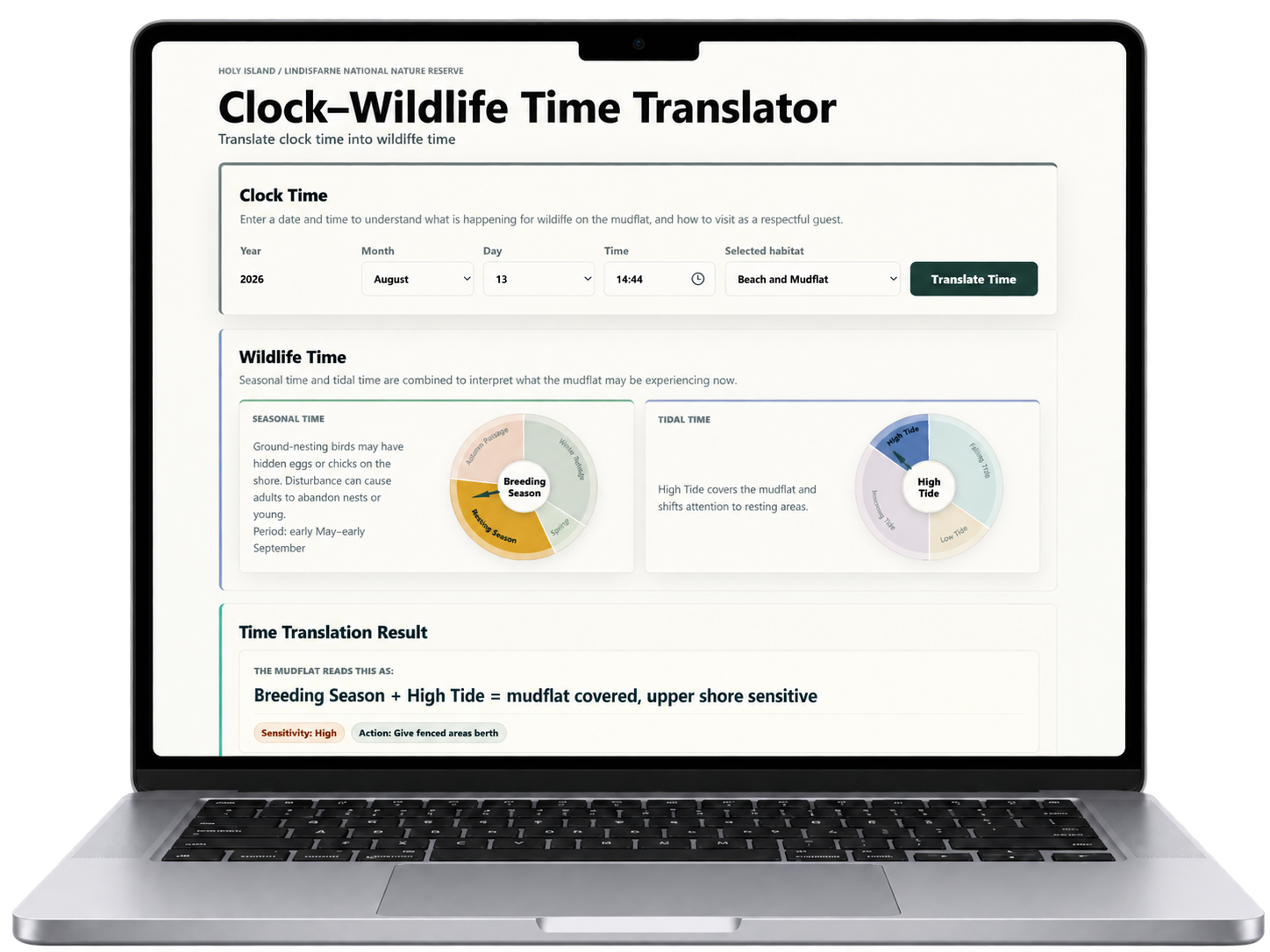 Completed Time Translator web interface on a laptop