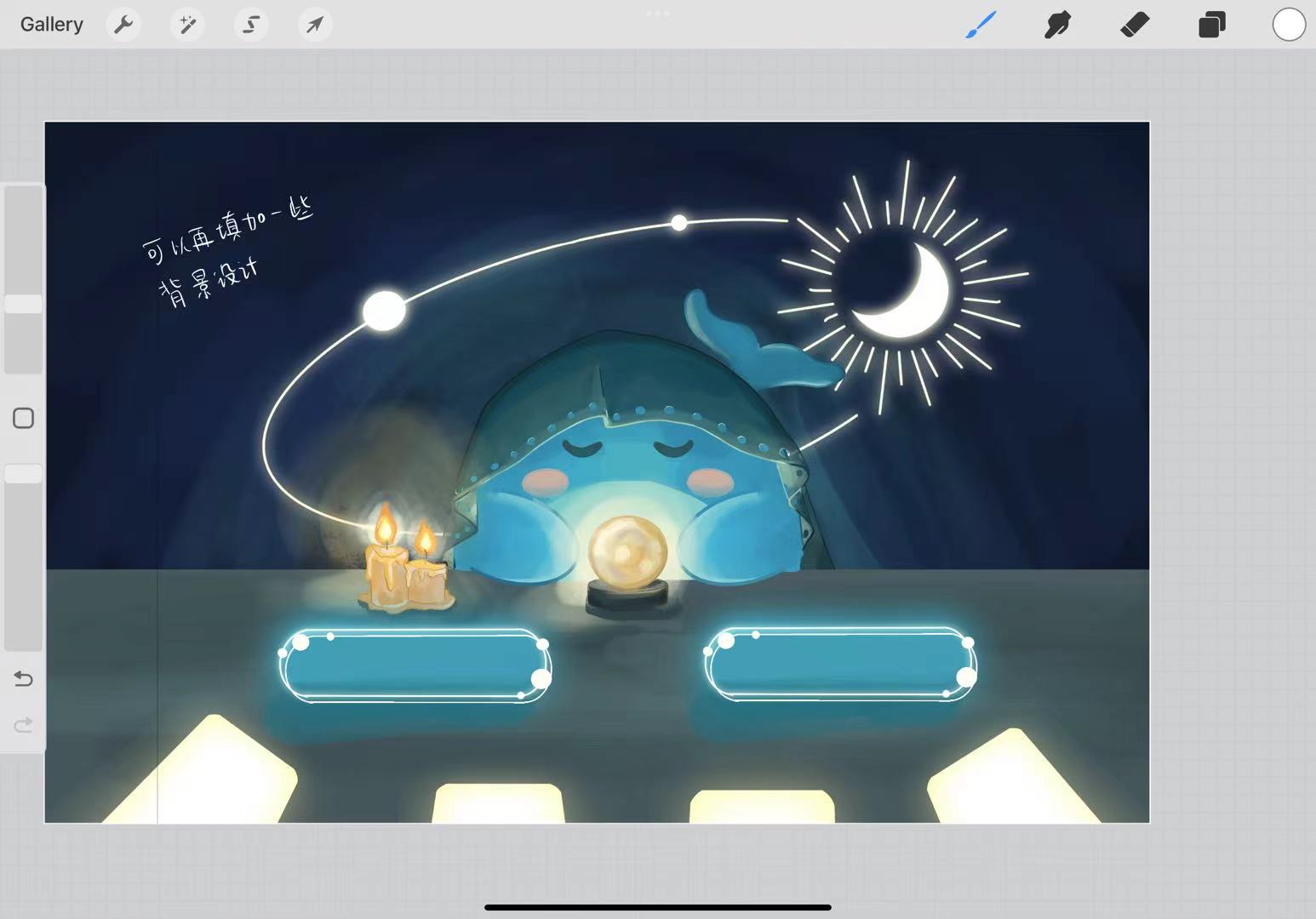 Drawing-app screenshot of the whale with a crystal ball, candles, moon, and handwritten background-design notes