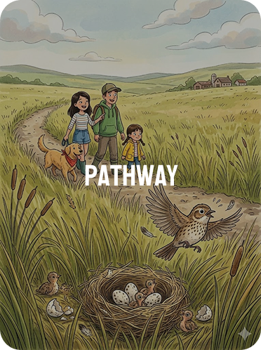 Illustration of visitors on a grassland pathway beside a nesting bird