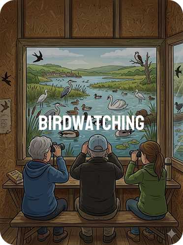 Illustration of visitors watching wetland birds from a bird hide