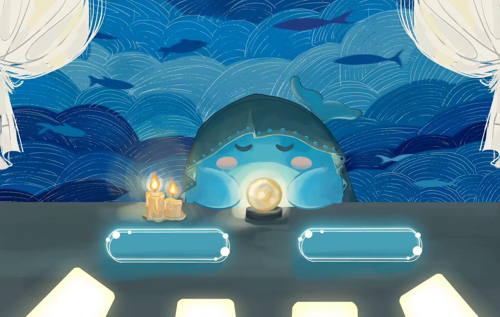 Whale reading scene with layered blue waves, fish silhouettes, draped curtains, candles, and a glowing crystal ball