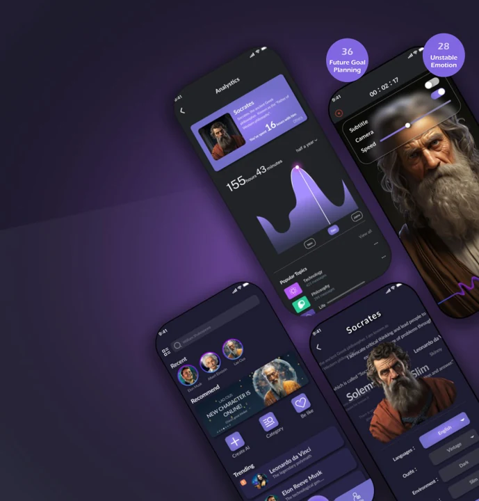 Purple mobile interfaces for the Echo Mentor AI conversation concept