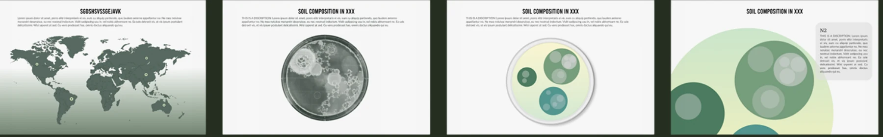 Four early interface screens moving from a global map towards a circular soil view