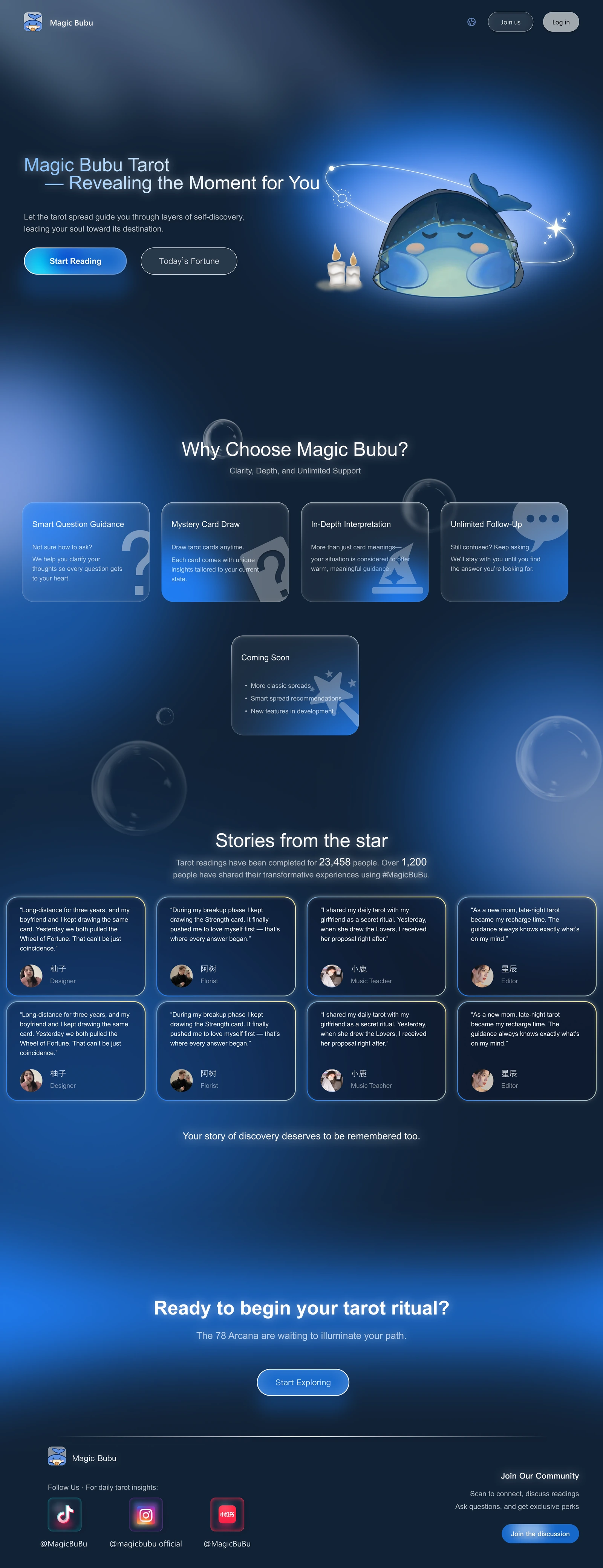 Full Magic Bubu landing page, from the whale introduction through product features, community stories, and footer