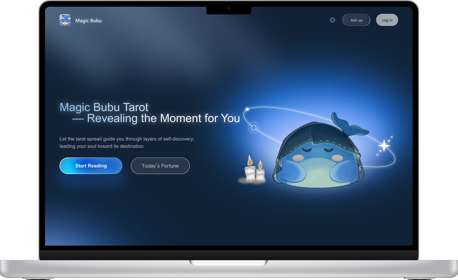 Magic Bubu landing design with its whale companion and tarot reading entry on a laptop