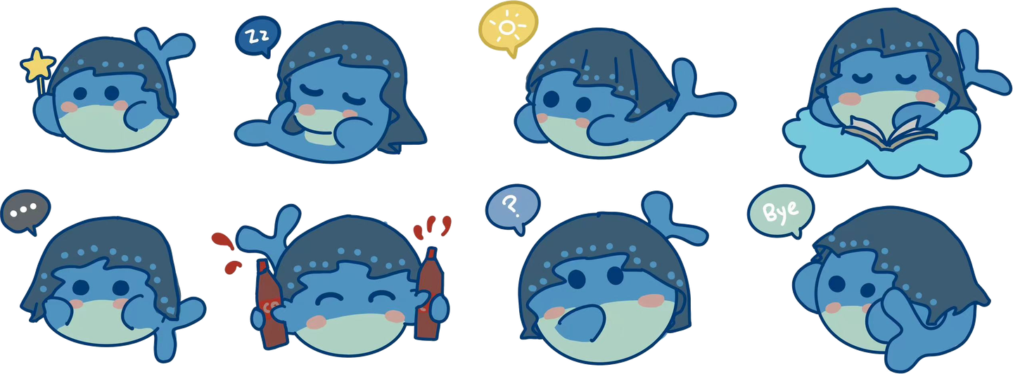 Eight hand-drawn whale character variations, including reading, sleeping, thinking, and waving goodbye